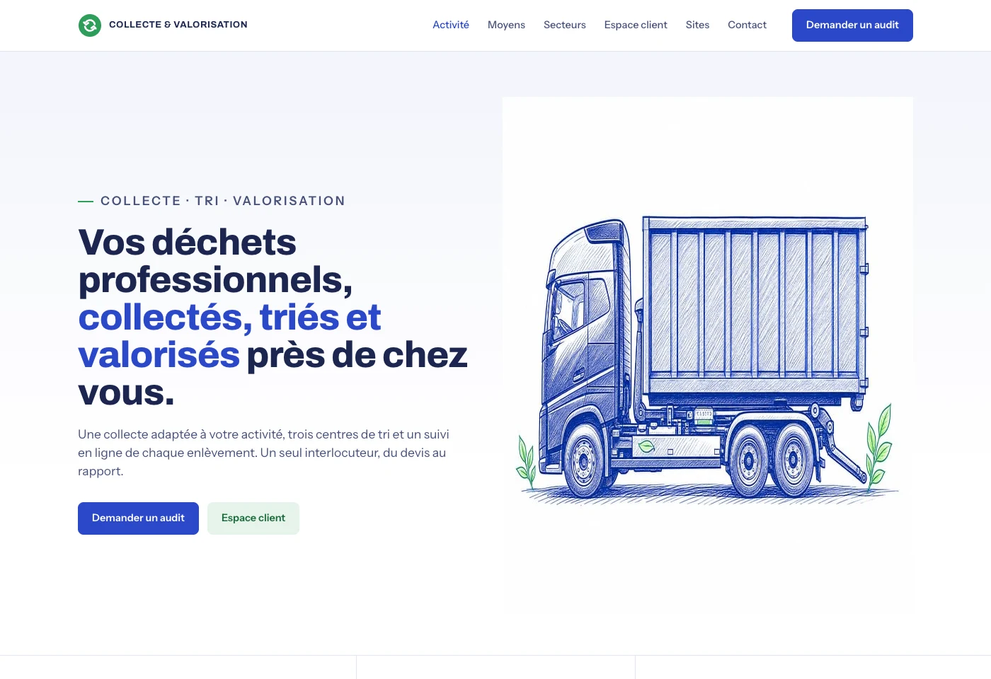 Page d'accueil du site B2B de gestion des déchets, reconstitution anonymisée