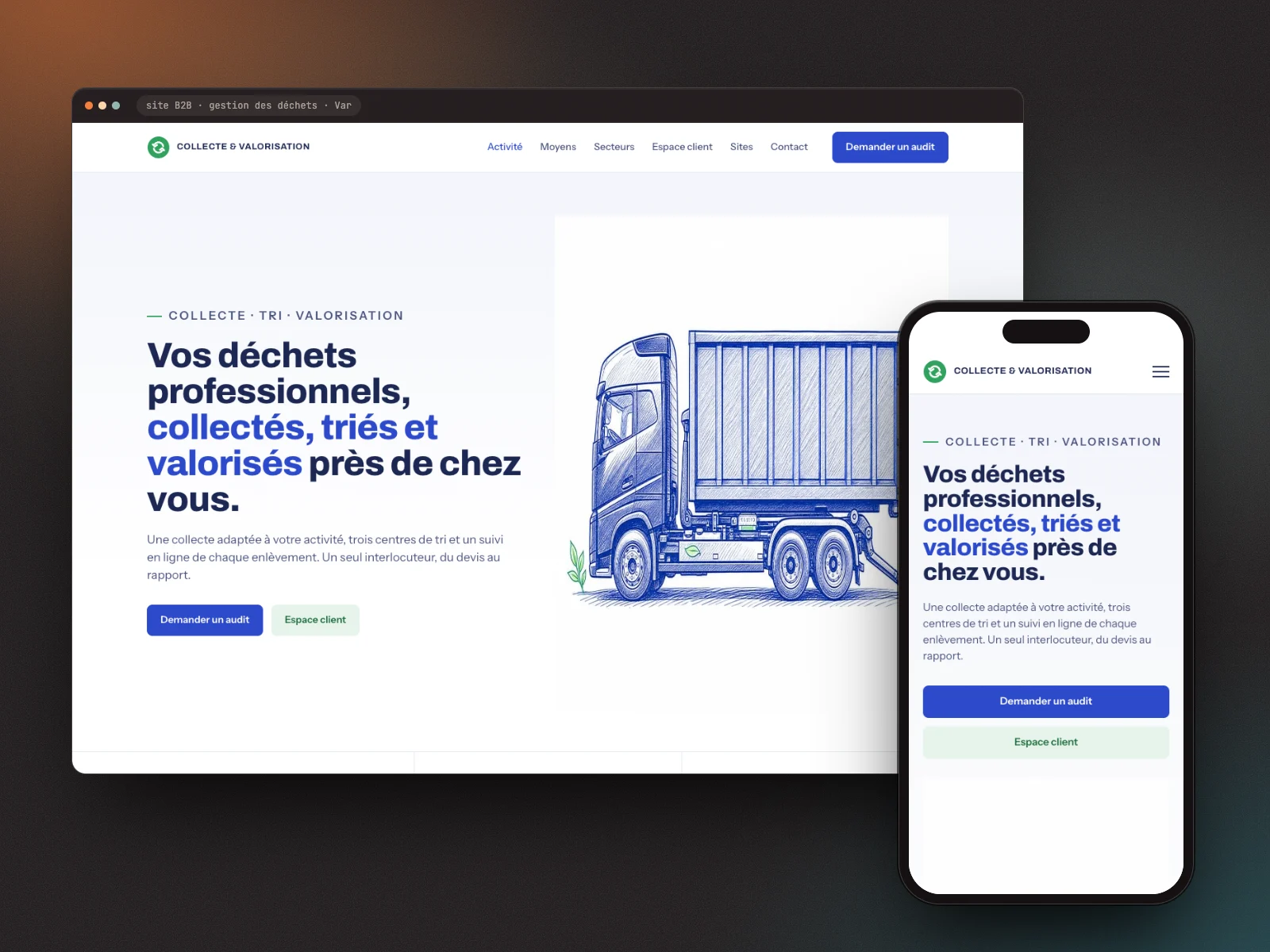 Le site B2B sur ordinateur et téléphone : page d'accueil, reconstitution anonymisée