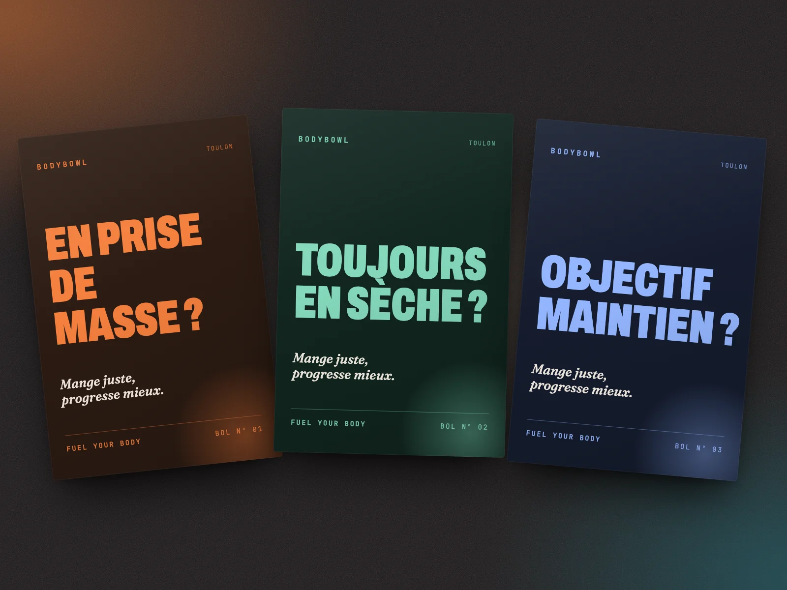 Les trois affiches BODYBOWL, une par objectif : prise de masse, sèche, maintien